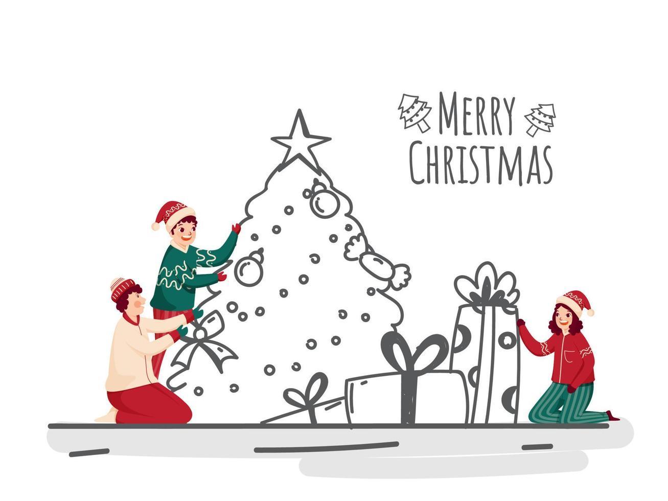 alegre Navidad póster diseño con alegre niños personaje, garabatear estilo decorativo Navidad árbol y regalo cajas en blanco antecedentes. vector