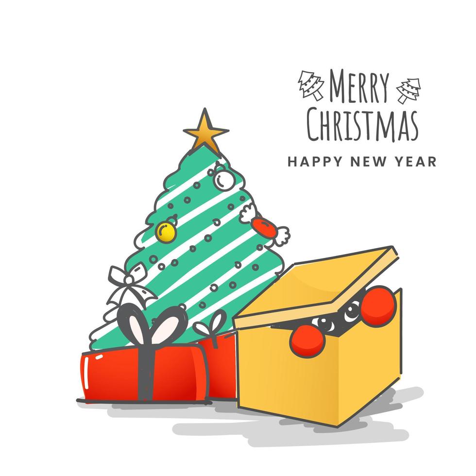 Doodle Style Illustration Of Xmas Tree With Santa Hiding Inside Gift Box On White Background For Merry Christmas Happy New Year Celebration. vector
