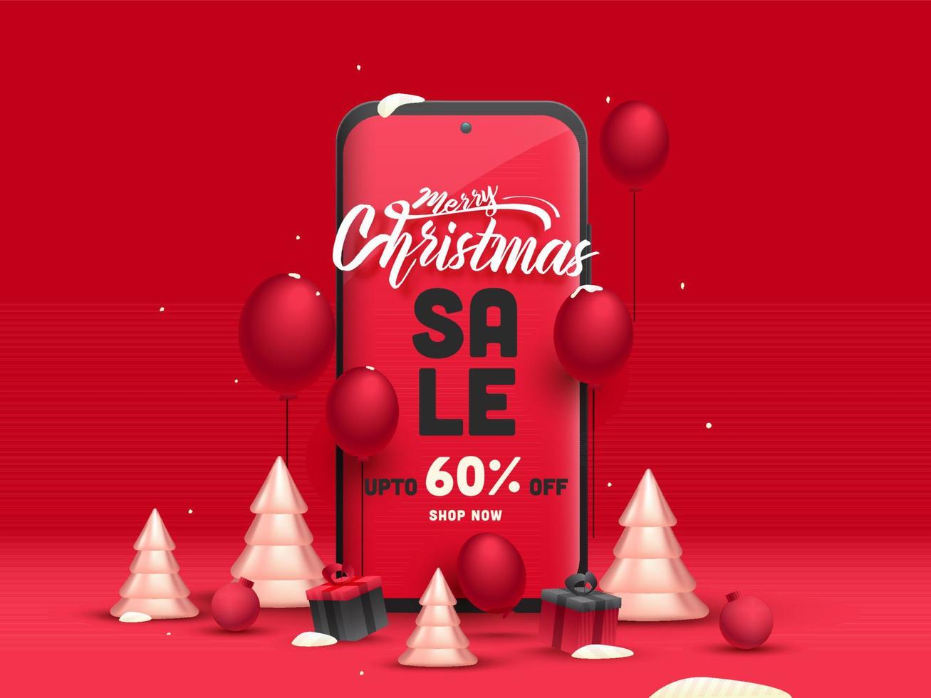 Merry Christmas Sale Poster Design with 60 Discount Offer, 3D Xmas Trees, Gift Boxes, Balloons and Smartphone on Red Background. vector