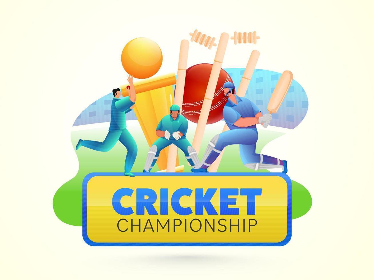 Cricket Championship Concept With Cartoon Players Character And Golden Trophy Cup On Yellow Background. vector