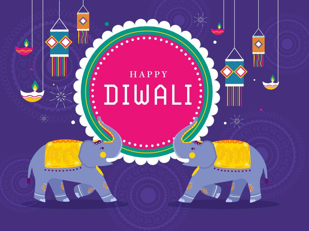 Happy Diwali Celebration Poster Design with Cartoon Two Elephants, Hanging Lanterns and Lit Oil Lamps Decorated on Blue Mandala Pattern Background. vector