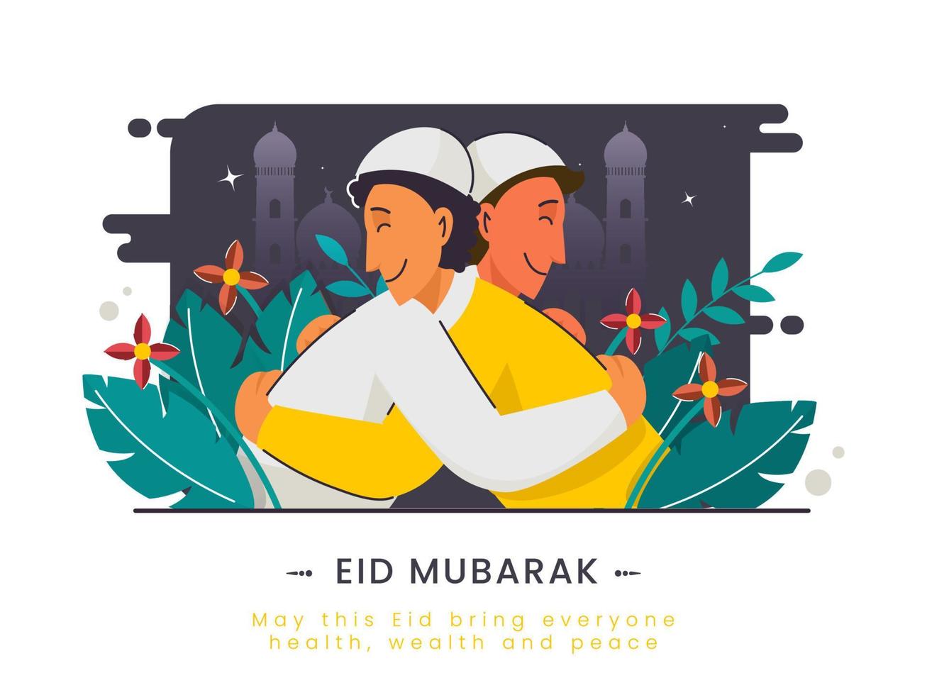 Muslim Men Hugging To Each Other with Floral Nature on Mosque Abstract Background for Eid Mubarak Celebration. vector