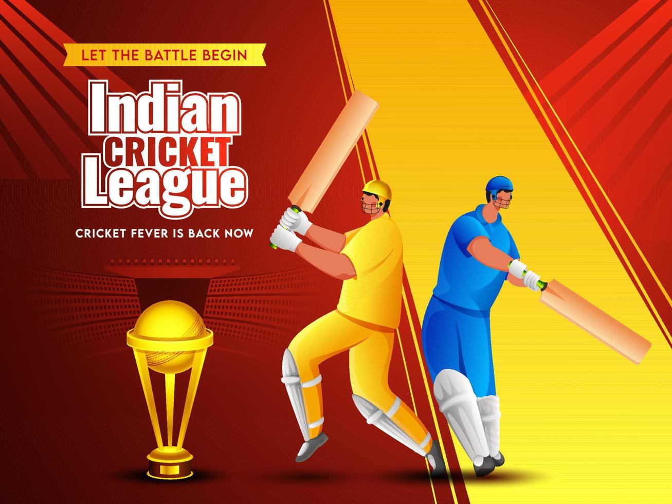 Cartoon Two Batsman Player in Different Attire with Golden Trophy Cup on Red and Yellow Stadium View Background for Indian Cricket League. vector