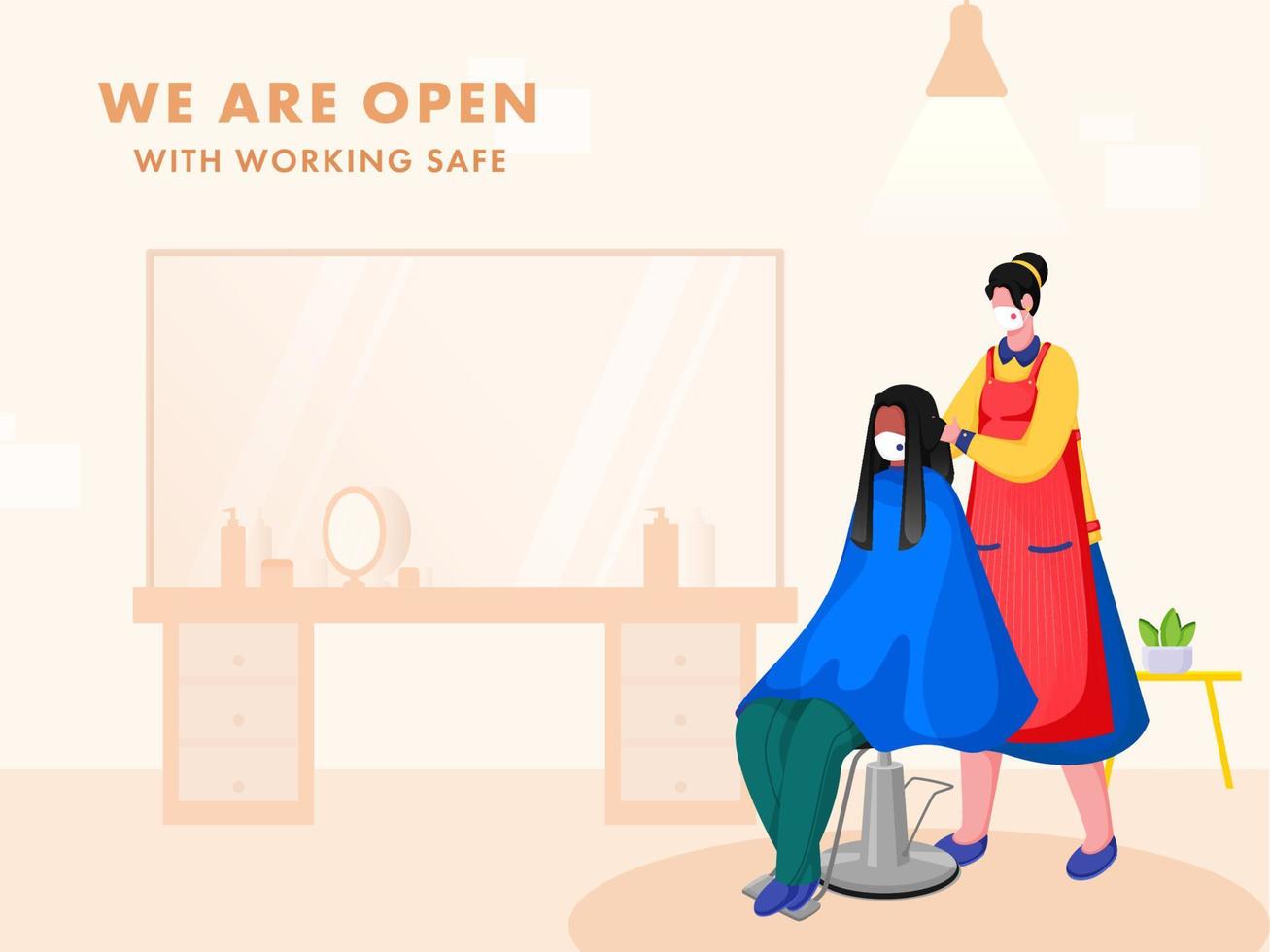We Are Open With Working Safe Based Poster Design, Female Hairdresser Cutting Hair Of A Client Sitting On Chair In Her Salon. vector