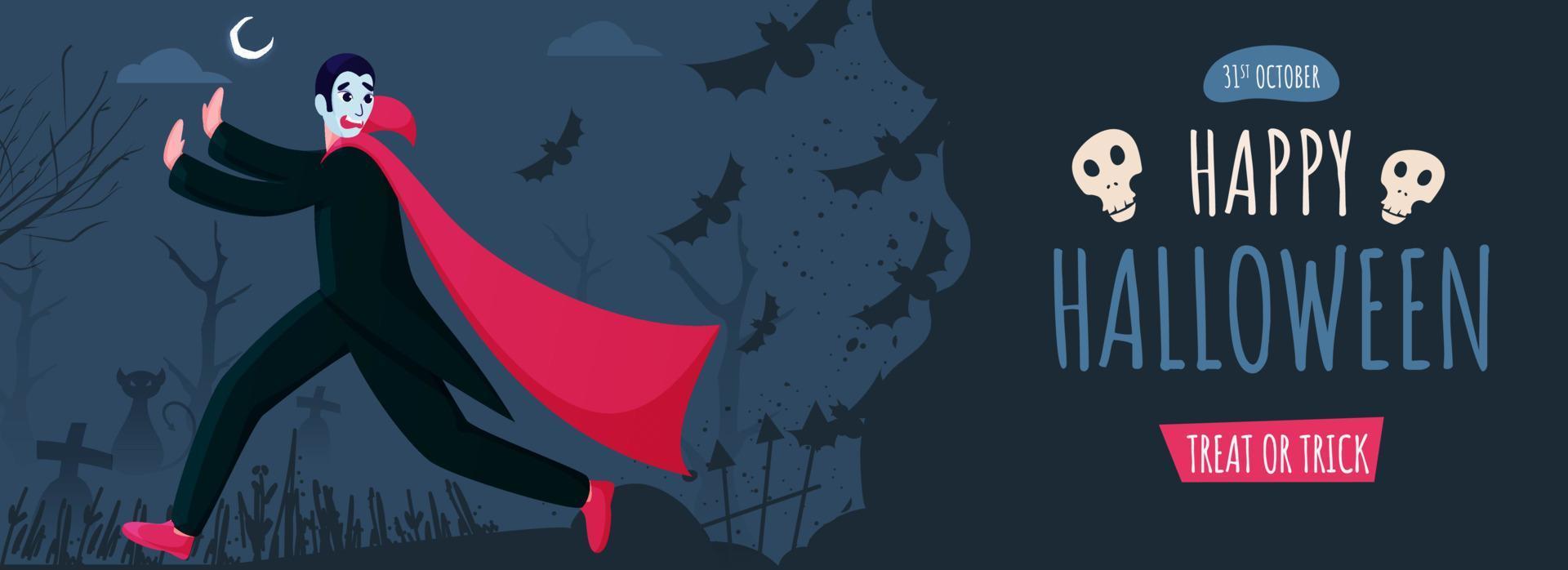 Cartoon Vampire Running Away From Bats on Blue Graveyard Nighttime Background for Happy Halloween. vector