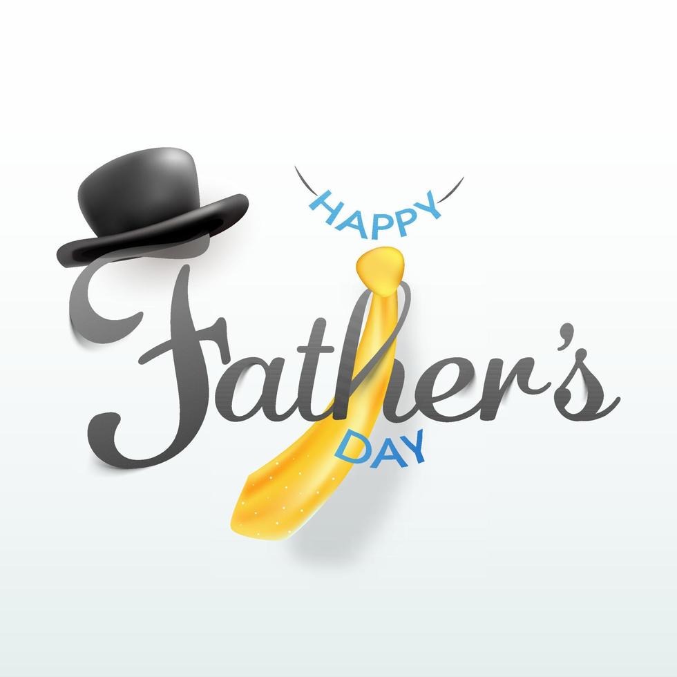 Happy Father's Day Font with Glossy Yellow Necktie and Fedora Hat on White Background. vector