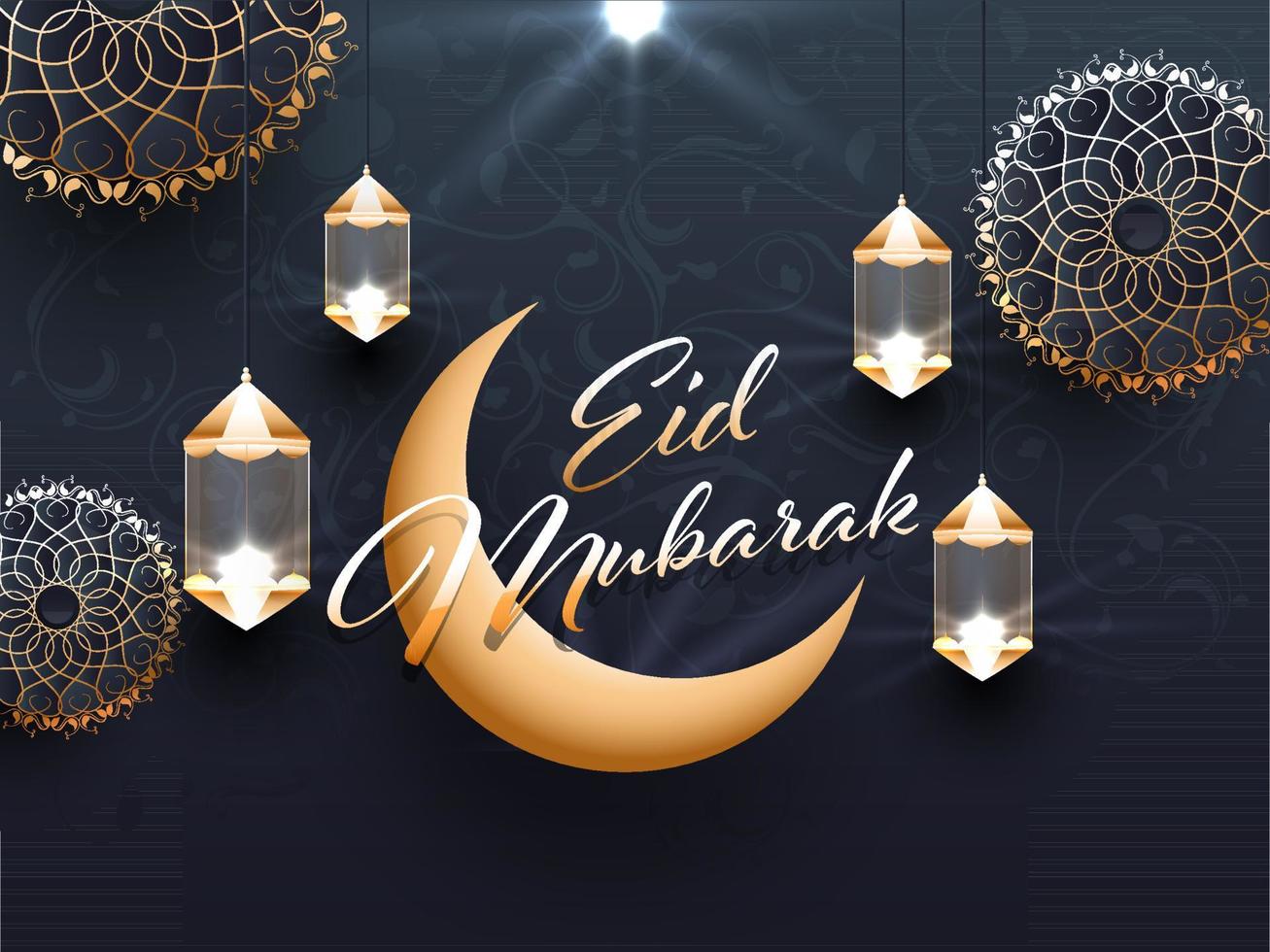 Islamic festival Eid Mubarak concept with golden crescent moon, hanging lanterns and floral mandala patterns on teal blue background. vector