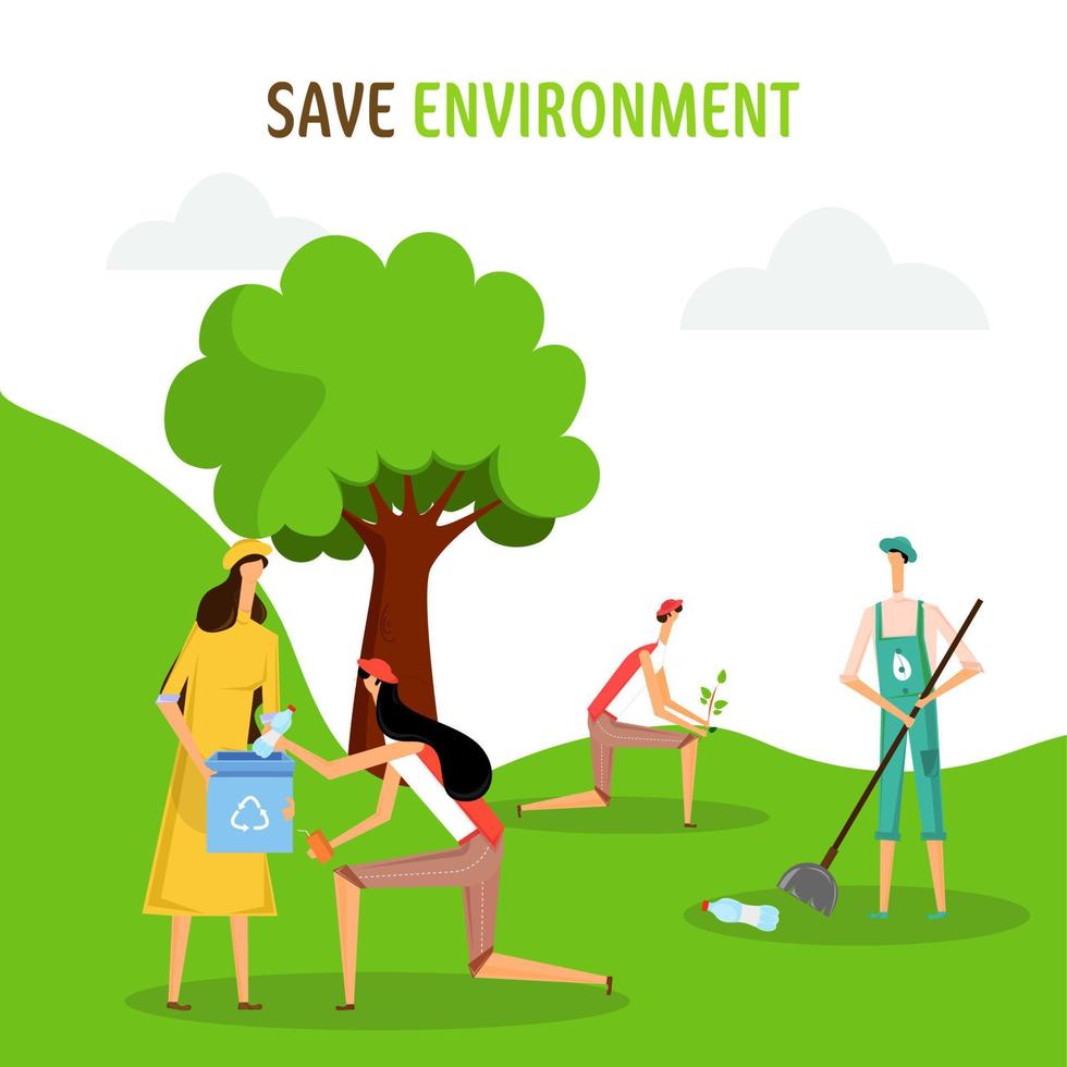 Illustration of Cartoon People Cleaning Garden or Park for Save Environment Concept. vector