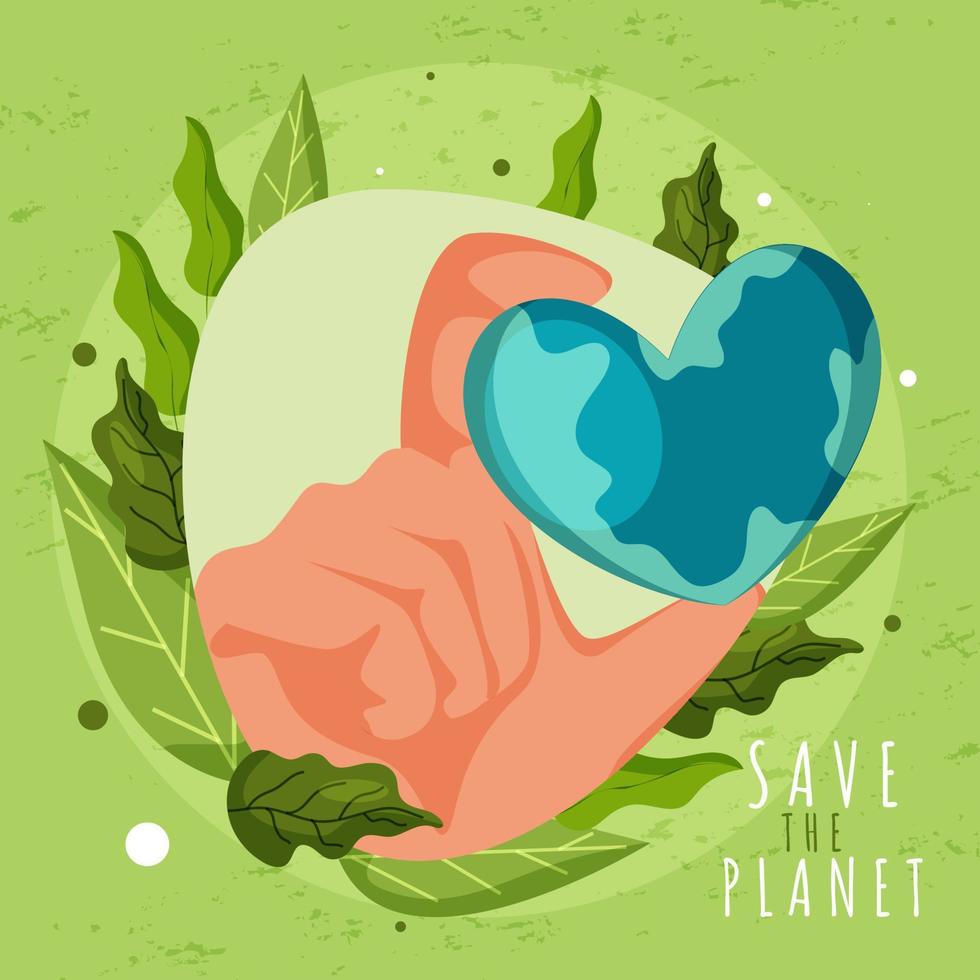 ilustración de humano mano participación corazón forma tierra globo con hojas en verde antecedentes para salvar el planeta concepto. vector