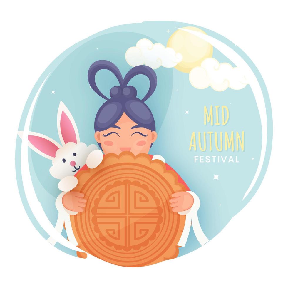 Chinese Girl Holding Mooncake with Cartoon Bunny, Clouds and Full Moon on Abstract Background for Mid Autumn Festival. vector