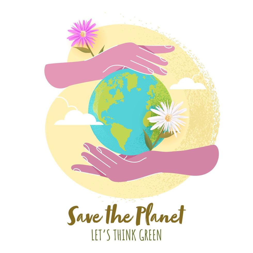 Earth Globe Between Two Hands with Daisy Flowers and Yellow Noise Brush Effect on White Background for Save The Planet, Let's Think Green. vector
