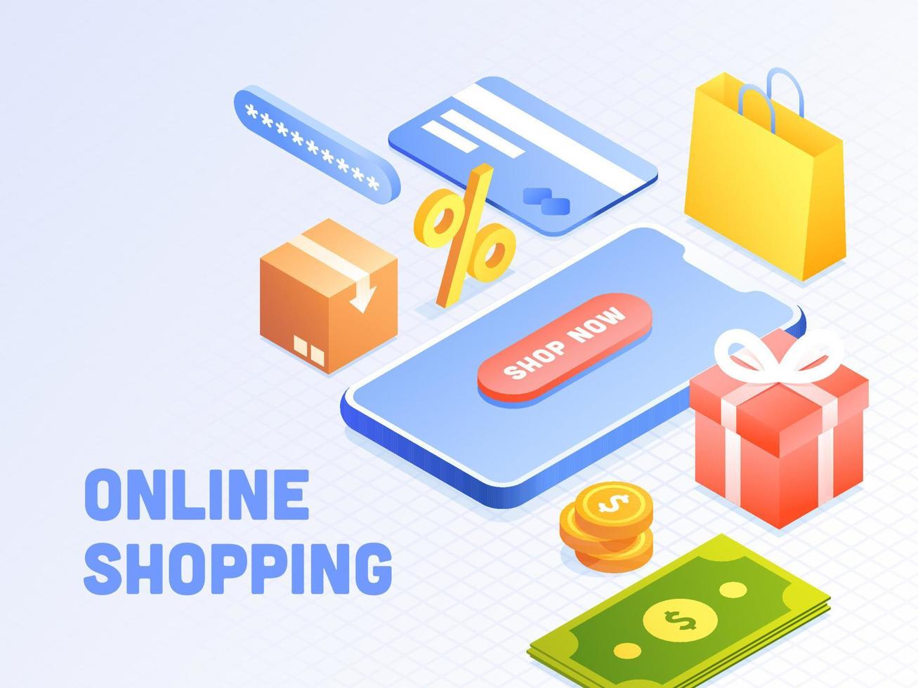 Online Shopping and Payment Concept with 3D Smartphone, Carry Bag, Package Boxes, Cash and Credit Card Illustration. vector
