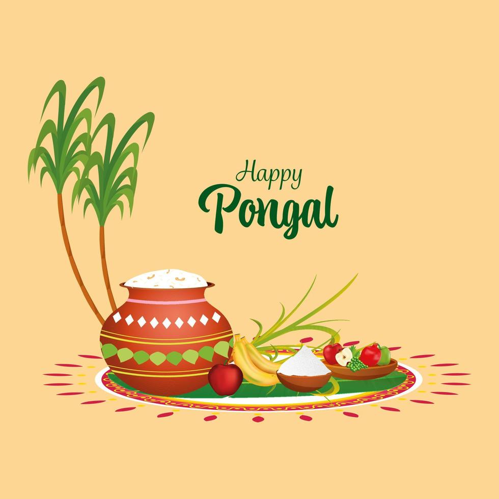 Illustration Of Rice Mud Pot With Fruits, Grain Bowl, Sugarcane On Rangoli For Happy Pongal Celebration. vector