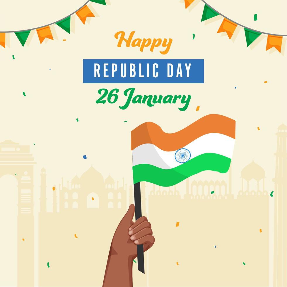 26th January, Republic Day Poster Design With Hand Holding Indian Flag On Silhouette Famous Monuments Background. vector