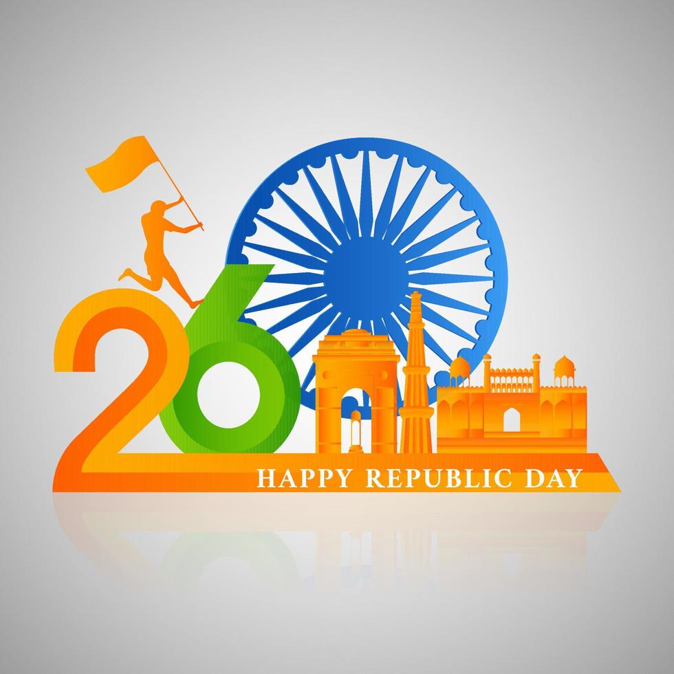 26 January Happy Republic Day Text With Silhouette Man Holding Flag, Ashoka Wheel And India Famous Monuments On Grey Background. vector