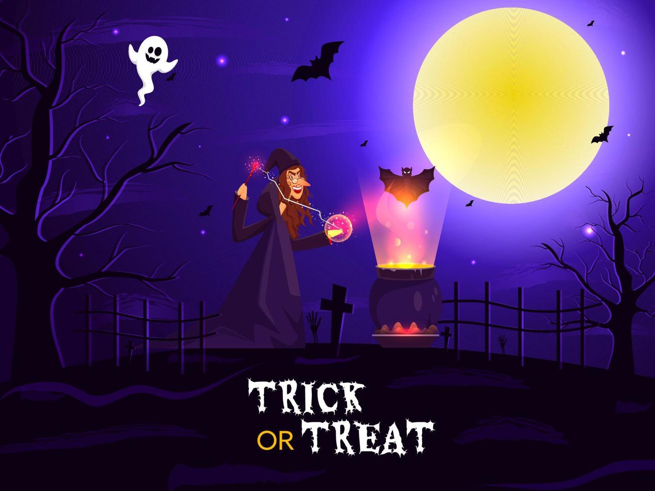 Illustration of Witch Doing Magic from Wand with Boiling Cauldron, Bats and Ghost on Full Moon Graveyard Background for Trick Or Treat. vector