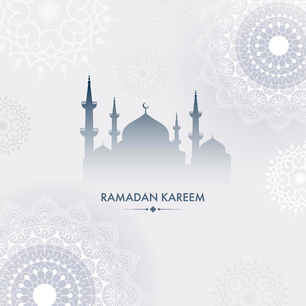 Ramadan Kareem Text with Mosque on Grey Mandala Pattern Background. vector