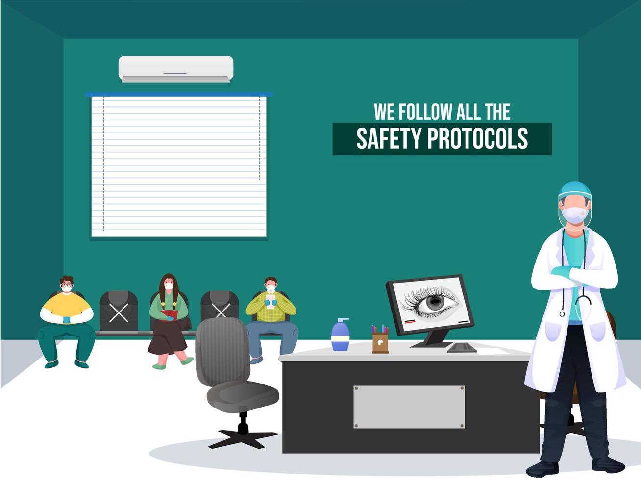 Illustration of Doctor Man Wear Medical Mask, Face Shield and Patient Sitting on Seat in Hospital or Clinic. We Follow All The Safety Protocols To Prevent From Coronavirus. vector