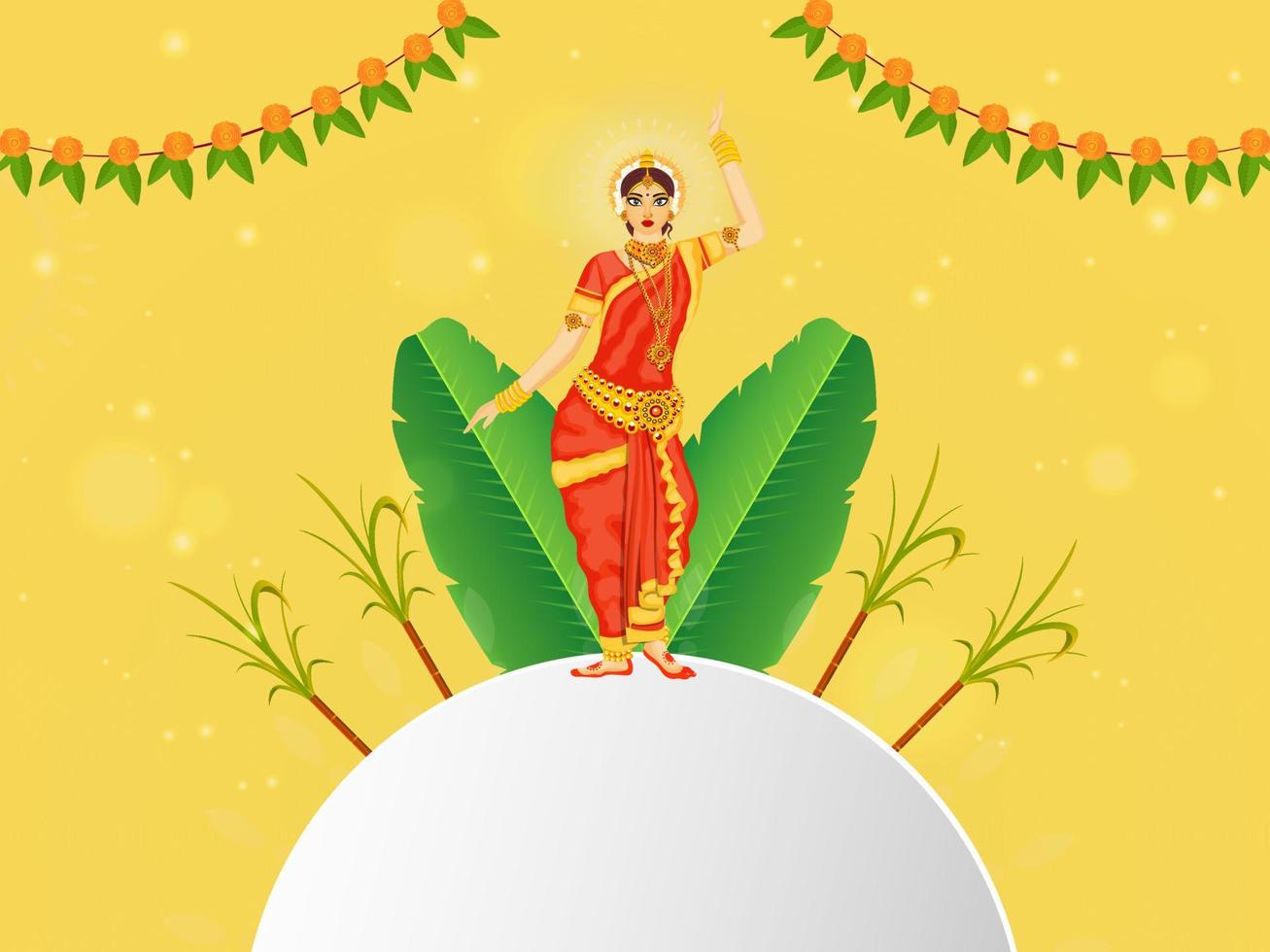 South Indian Woman Performing Bharatnatyam Classical Dance With Banana Leaves, Sugarcane And Empty White Frame On Yellow Background. vector