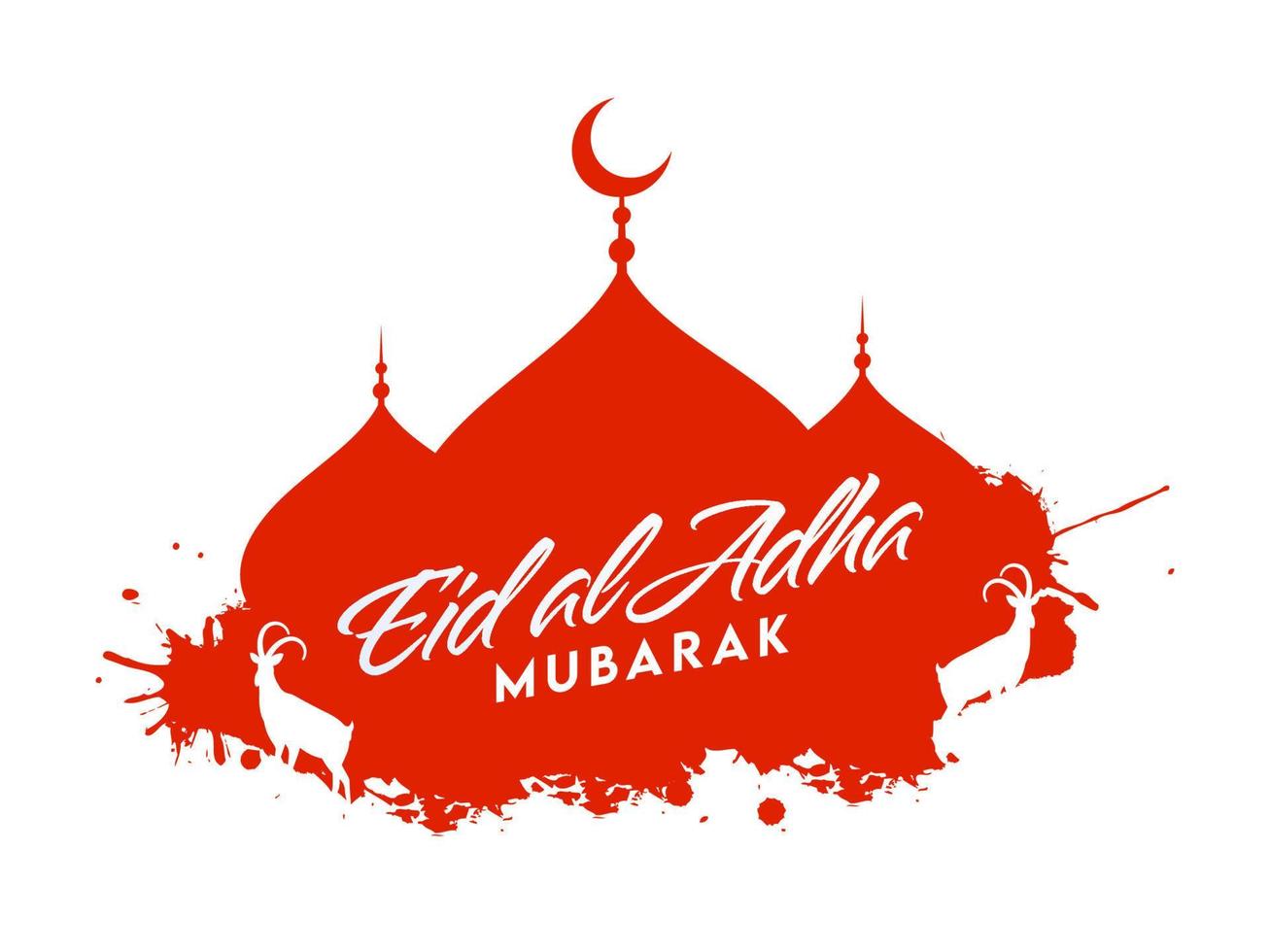 Eid al-Adha Mubarak fuente con silueta mezquita, cabras y rojo chapoteo efecto en blanco antecedentes. vector