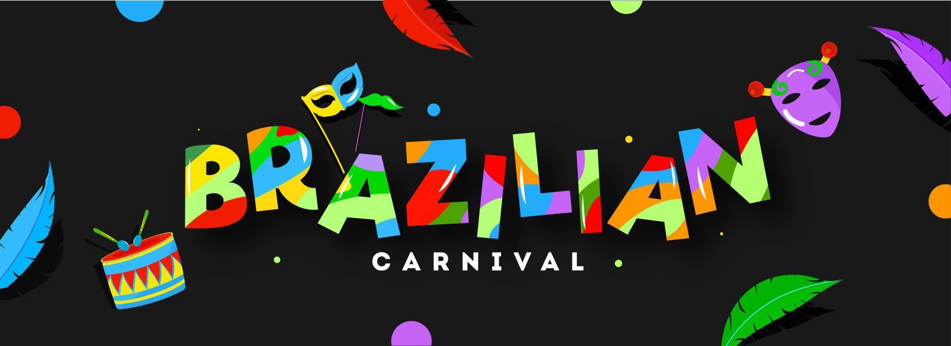 vistoso brasileño carnaval texto con mascarilla, tambor, Bigote palo y pluma decorado en negro antecedentes. vector