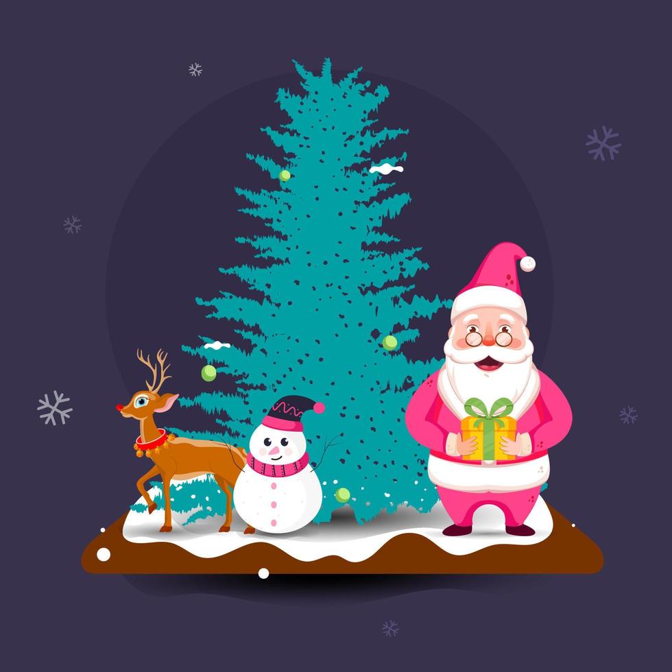 Cartoon Santa Claus Holding a Gift Box with Snowman, Reindeer and Xmas Tree on Violet Background For Celebration. vector