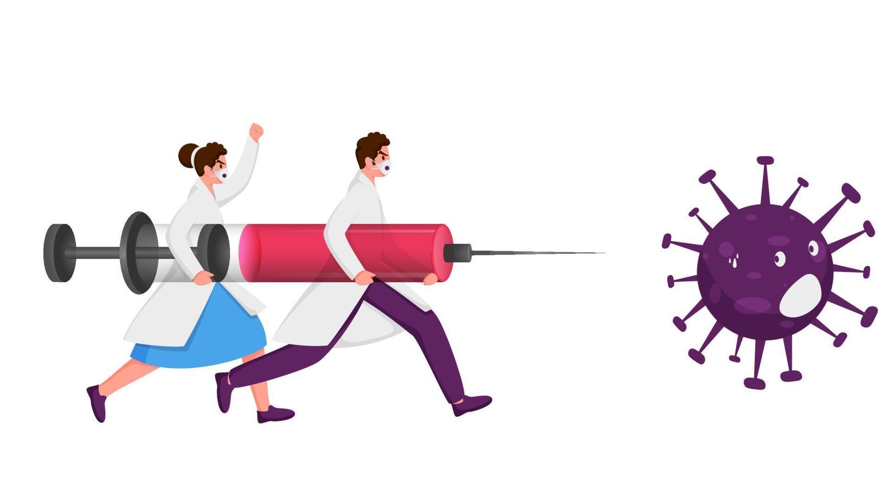 Doctor Man And Woman Attacking To Coronavirus From Vaccine Syringe On White Background. vector