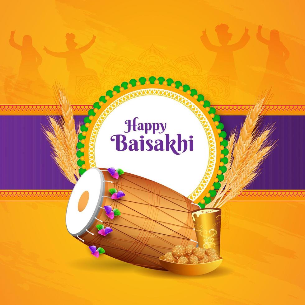 Illustration of Punjabi Festiva Baisakhi or Vaisakhi with a Drum, Wheatears, Sweet and Drink on People Dancing Silhouette on Yellow and Purple Background. vector