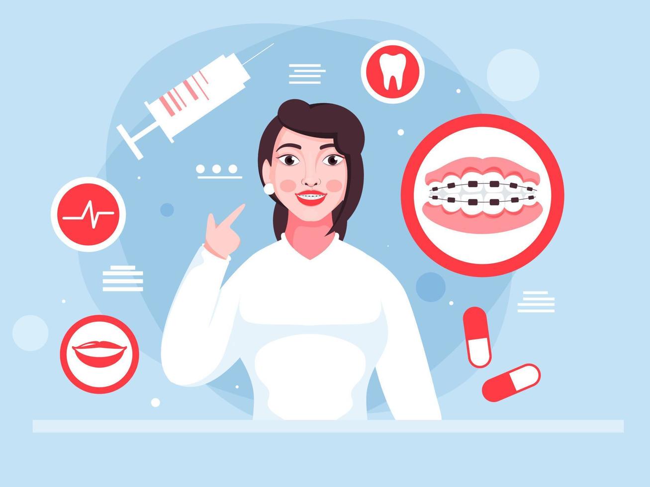 Young Woman Showing Her Teeth Braces with Medicines on Blue Background. vector