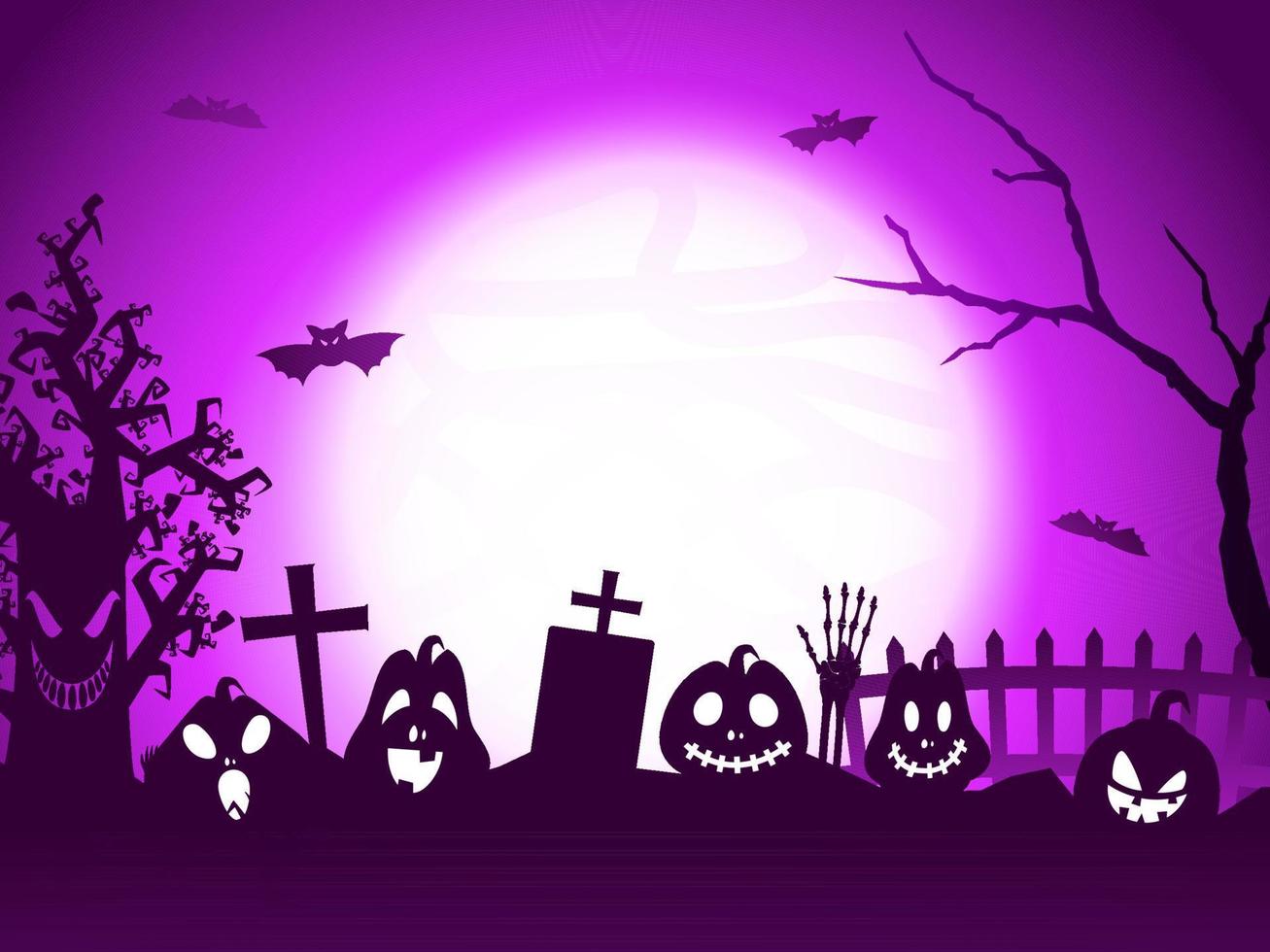 Full Moon Purple Graveyard Background with Jack-O-Lanterns, Flying Bats, Skeleton Hand and Scary Tree. vector