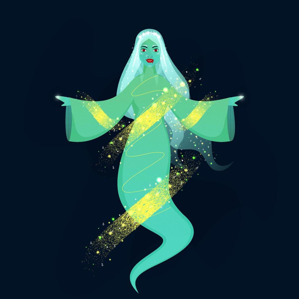 hembra fantasma personaje con amarillo cepillo ruido efecto y luces efecto en azul antecedentes. vector