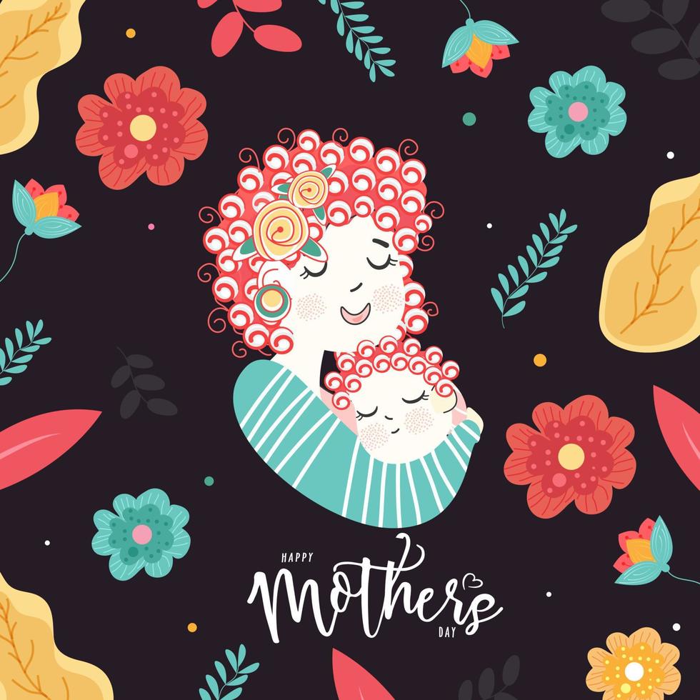 ilustración de madre abrazando su infantil con flores y hojas decorado en antecedentes para contento de la madre día. vector