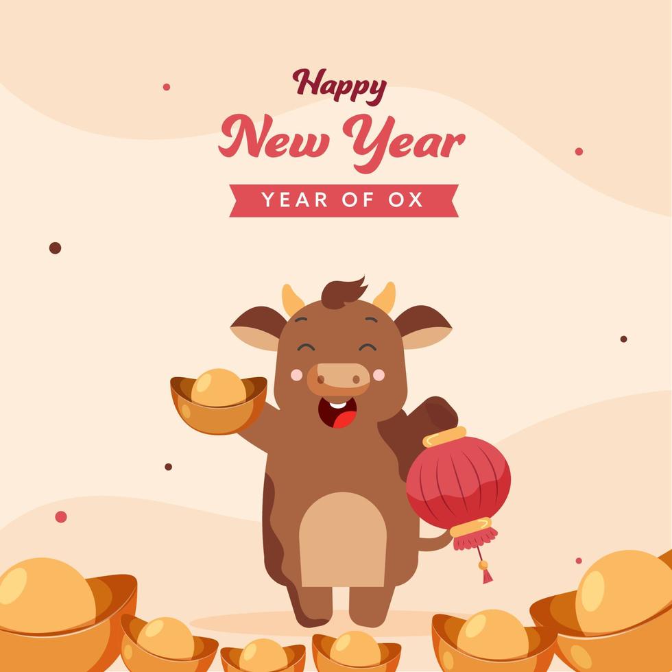 Cartoon Ox Character Holding A Lantern And Ingot On Pastel Peach Background For Happy Chinese New Year. vector