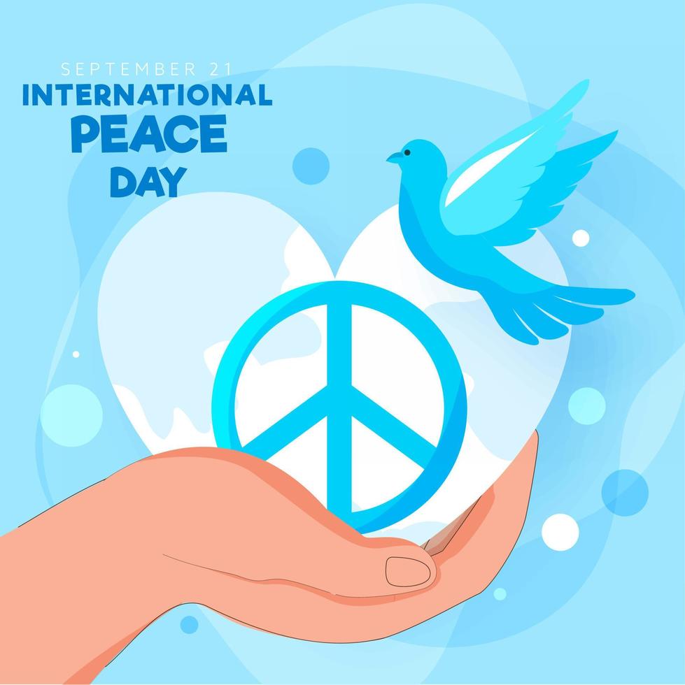 Human Hand Holding Peace Symbol with Pigeon and Heart Shape Earth Globe on Blue Background for 21st September, International Peace Day. vector