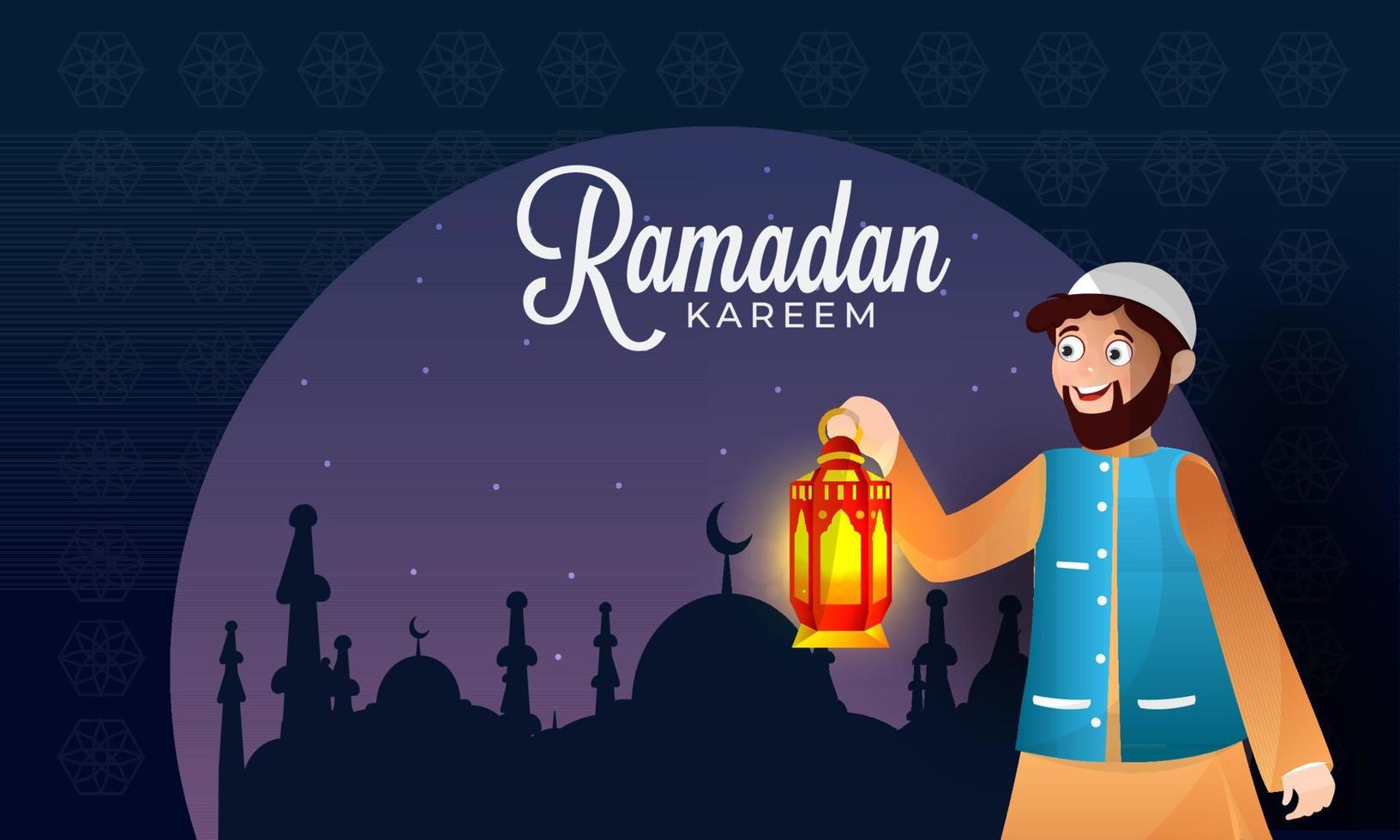 Ramadan Kareem Celebration Concept with Cartoon Man holding Illuminated Lantern in Front of Silhouette Mosque and Starlight on Blue Arabic Pattern Background. vector