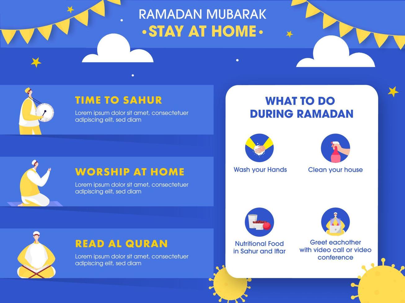 Awareness Social Media Campaign with Covid-19 Prevention and Stay Home on Ramadan Mubarak Festival. vector