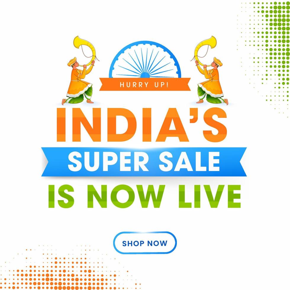 India's Super Sale Is Now Live Text With Tutari Players Character And Halftone Effect On White Background. Advertising Poster Design. vector