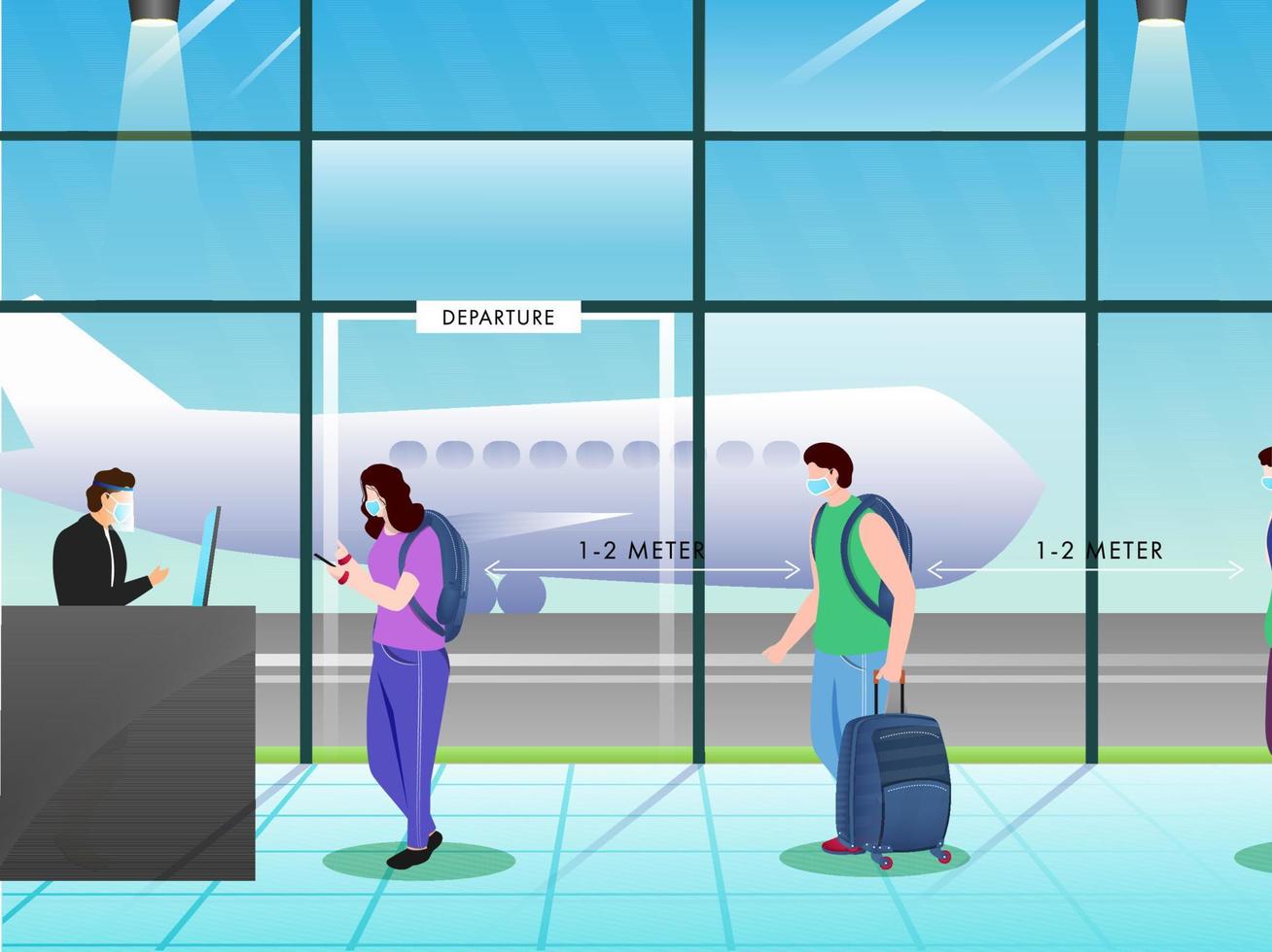 People wearing medical mask in queue maintain social distance away 1.2 meter in front of departure counter to prevent from Corona virus. vector