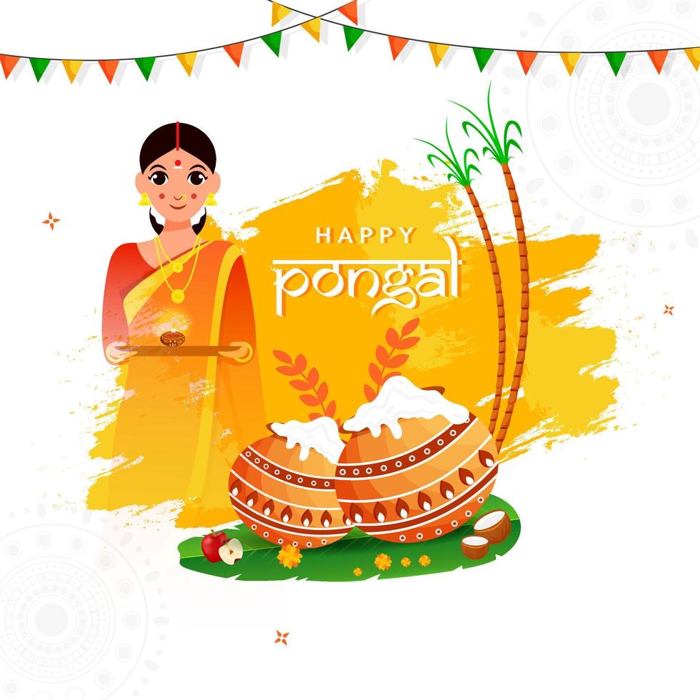 sur indio mujer personaje con tradicional plato barro ollas, plátano hoja, Caña de azúcar y amarillo cepillo carrera en blanco antecedentes para contento pongal. vector