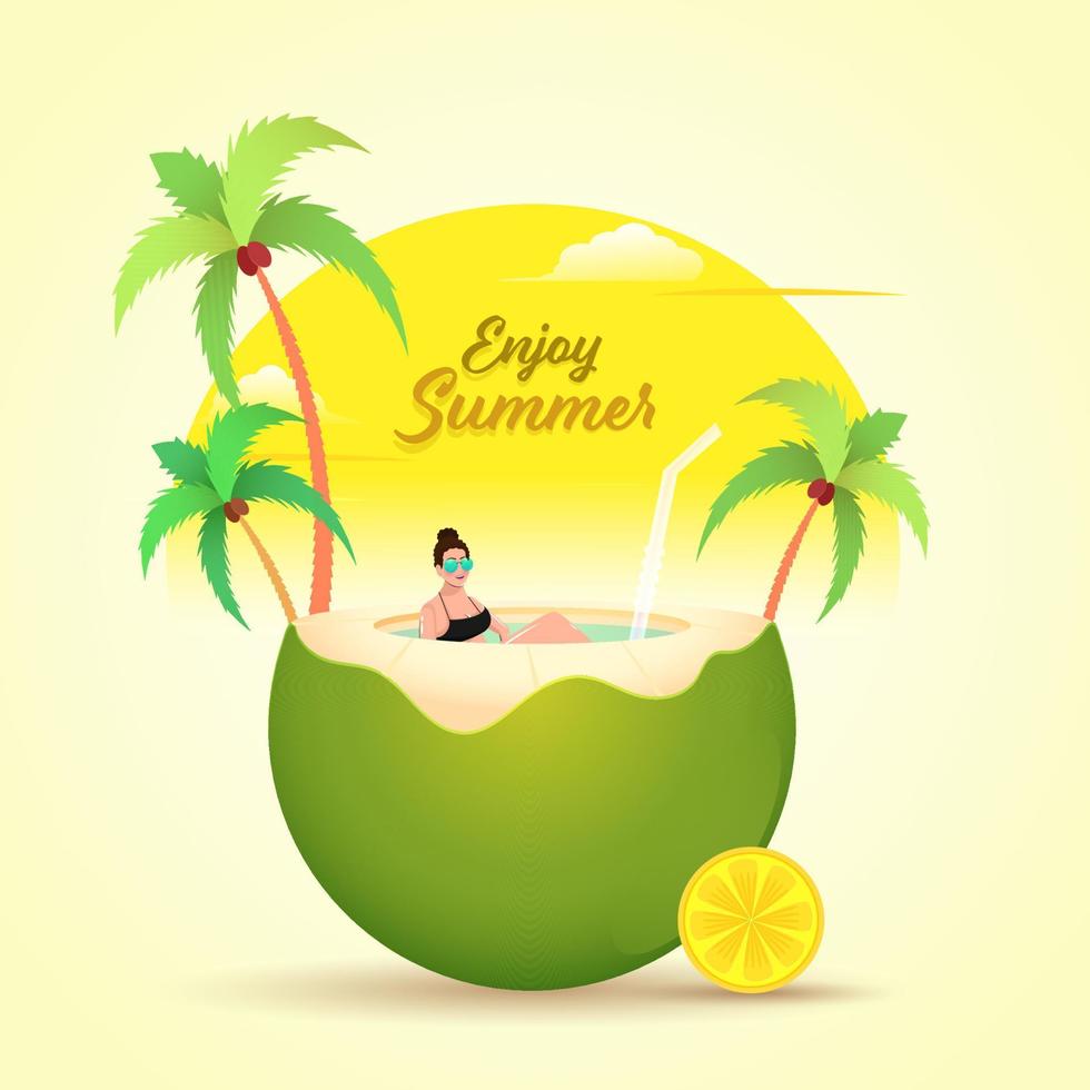 Enjoy Summer Concept with Modern Young Girl Relaxing in Coconut Drink and Sun View. vector