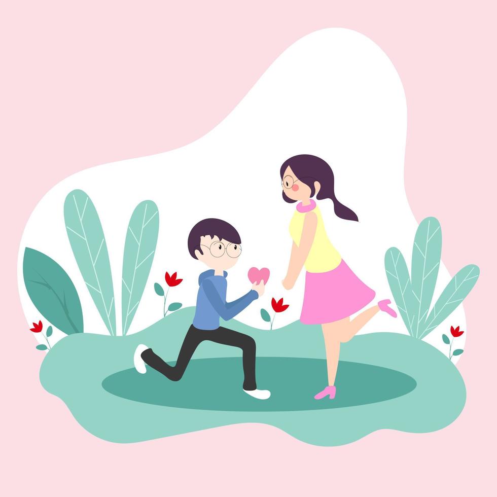 Cute Boy Proposing to His Girlfriend with Heart and Nature View on Pastel Pink Background. vector