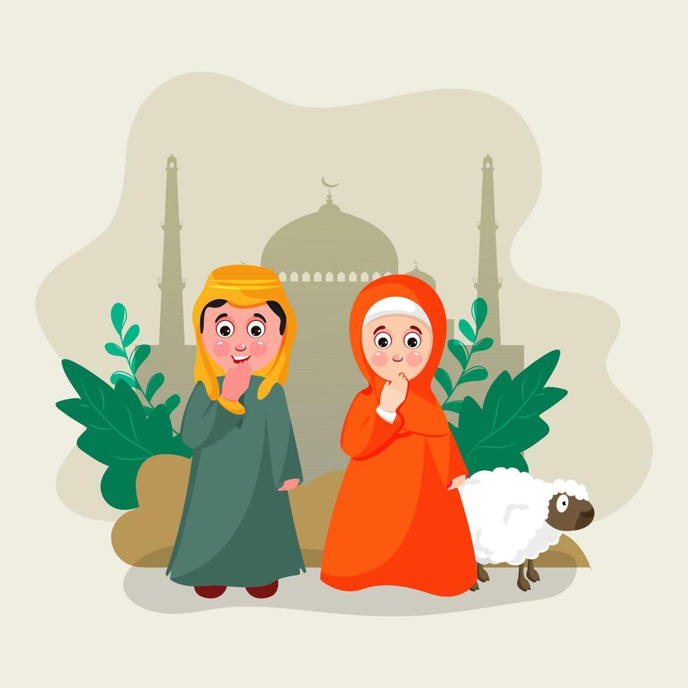 Muslim Couple in Aadab or Welcome Pose with Cartoon Sheep and Green Leaves on Olive Green Silhouette Mosque Background for Islamic Festival Celebration. vector