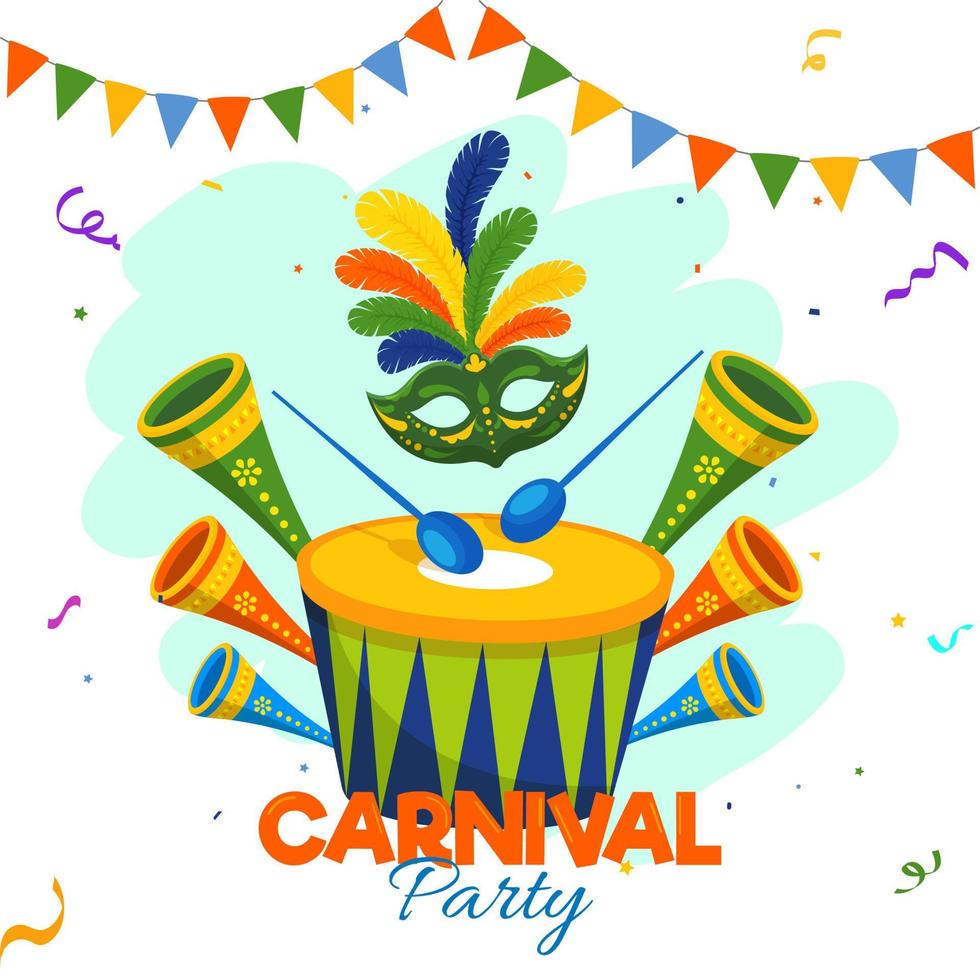 vistoso máscara con tambor, fiesta cuerno y verderón bandera decorado en blanco antecedentes para carnaval fiesta. vector