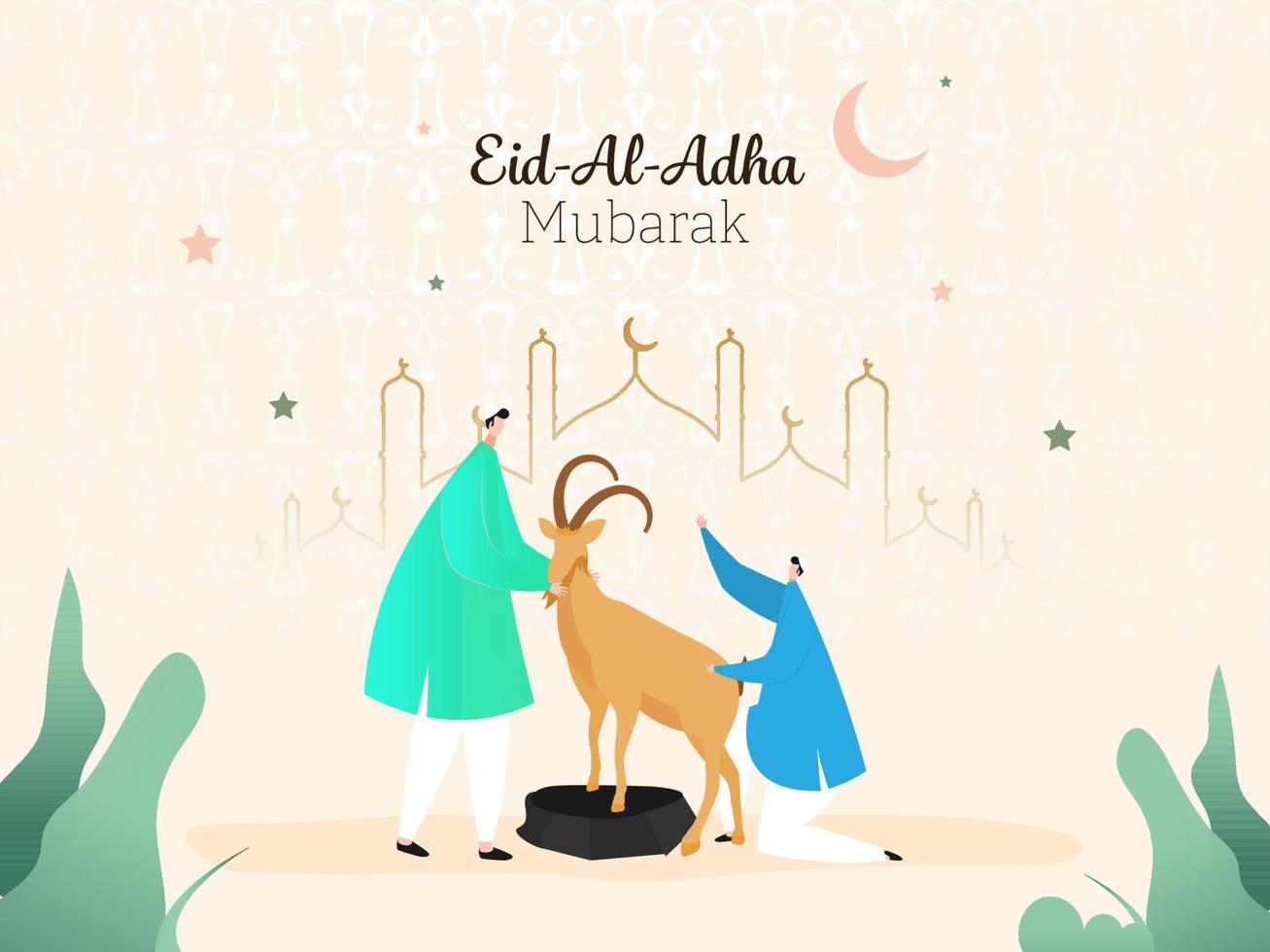 Eid al-Adha Mubarak póster diseño con musulmán hombres participación un dibujos animados cabra, creciente Luna y línea Arte mezquita en melocotón Arábica modelo antecedentes. vector