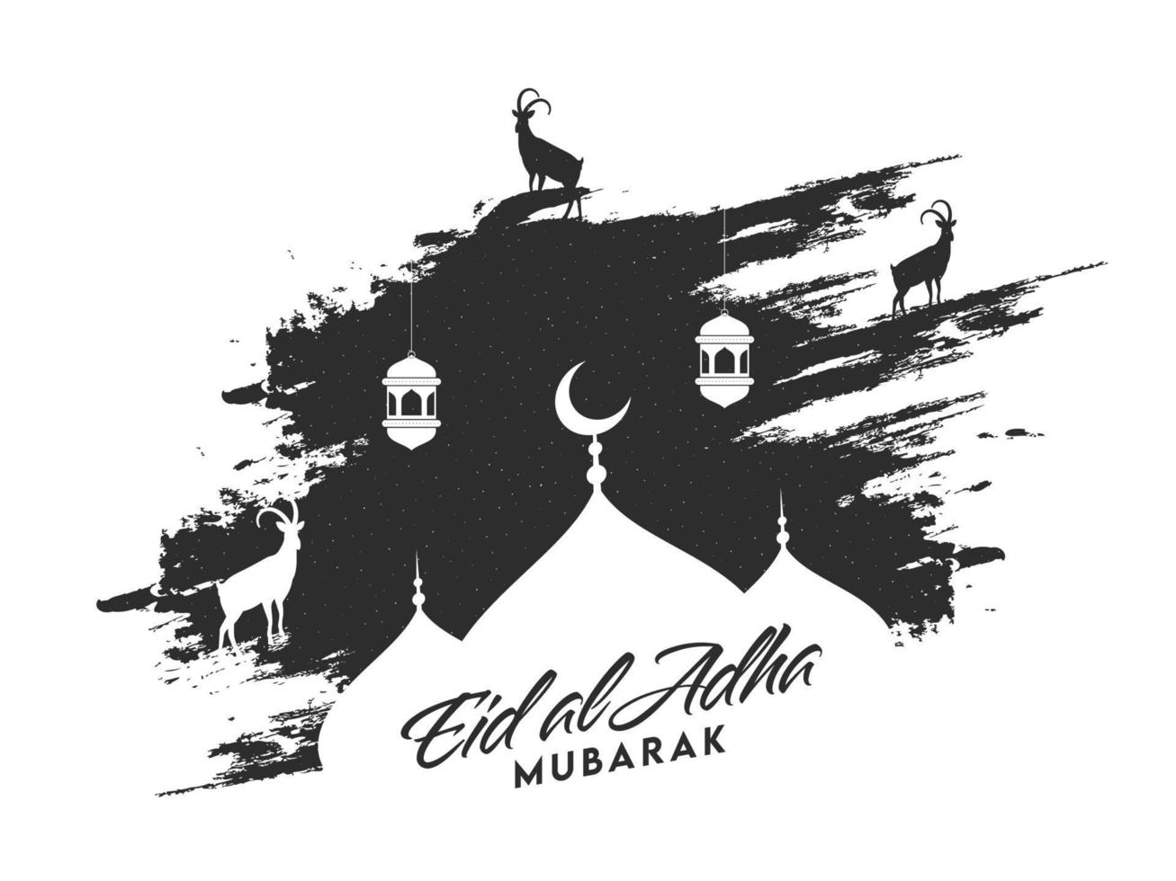 Eid-Al-Adha Mubarak Font with Silhouette Mosque, Goats, Hanging Lanterns and Black Brush Stroke Grunge on White Background. vector