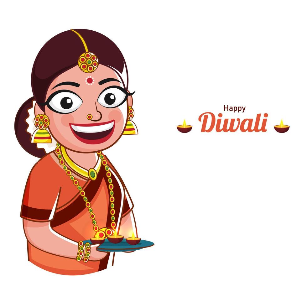 Cheerful Indian Woman Holding Plate of Oil Lamps on White Background for Happy Diwali Celebration. vector