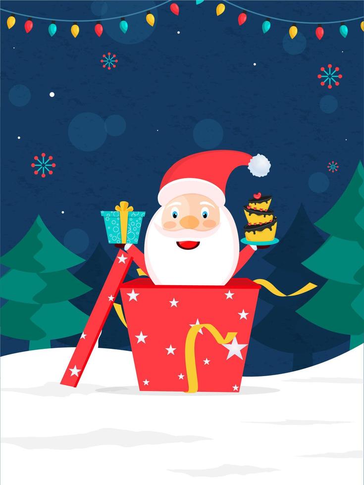 Cute Santa Claus Holding Cake with Gifts Inside Box and Xmas Trees on Blue Snowy Background. vector