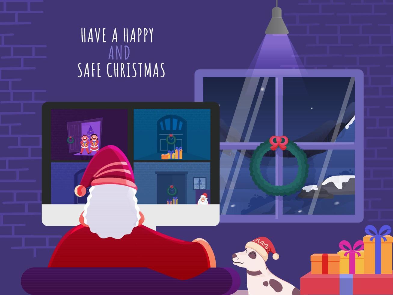 Illustration Of Santa Having Video Call With People And Say To Pick Up Gift From Door For Happy Safe Christmas Concept. Can Be Used As Poster Design. vector