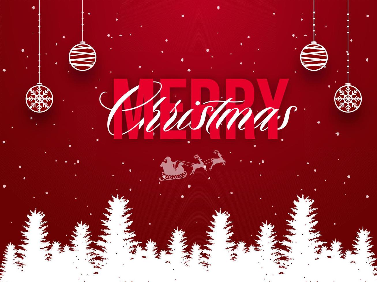 Merry Christmas Font With Hanging Paper Baubles, Silhouette Santa Riding Reindeer Sleigh And White Snow Trees On Red Background. vector