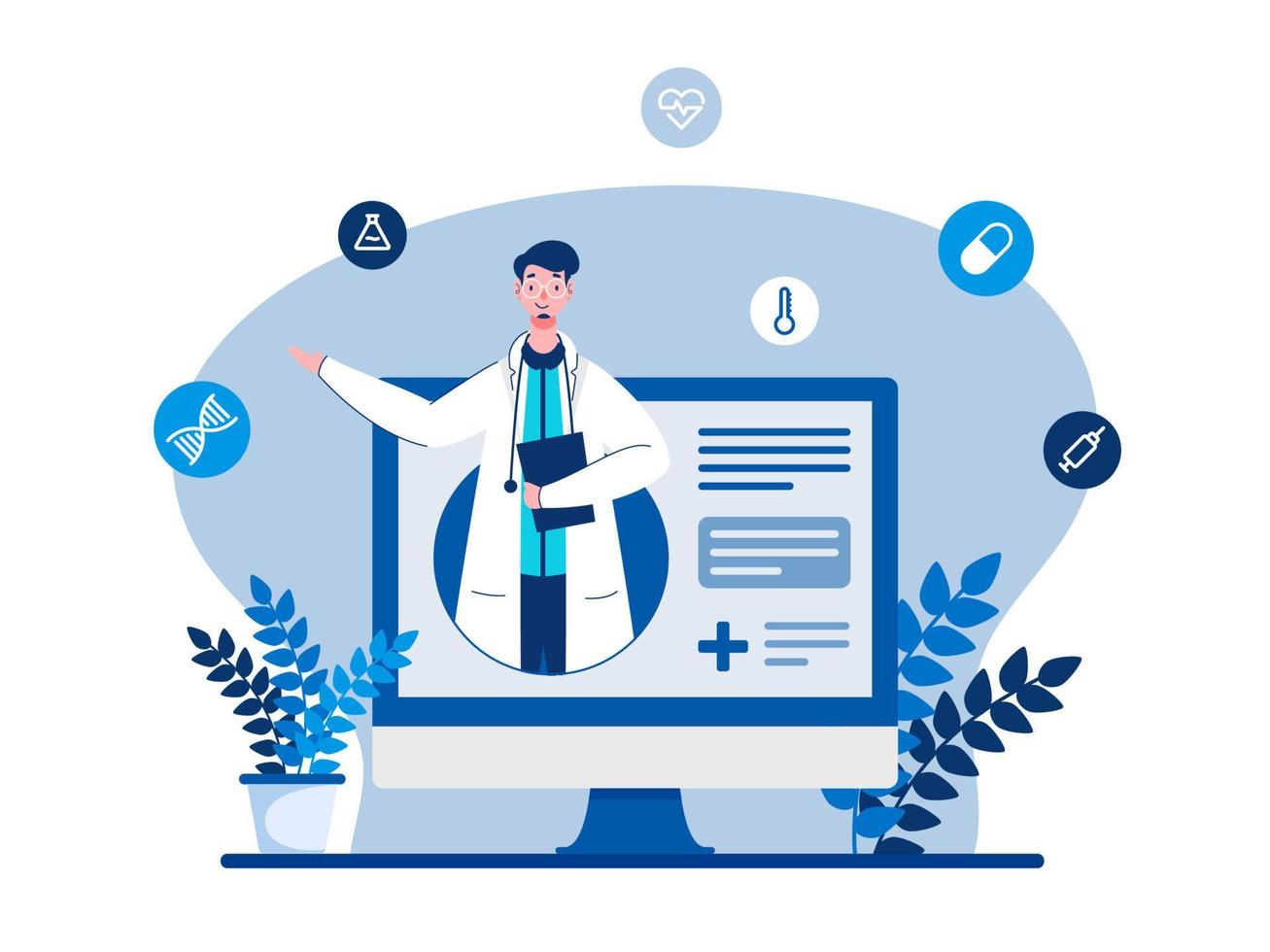 en línea médico sitio web en computadora con médico símbolos en azul y blanco antecedentes. vector